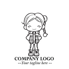 Black and White Chibi Girl Standing in Jacket, Pants, and Boots. Simple Bold Vector Illustration