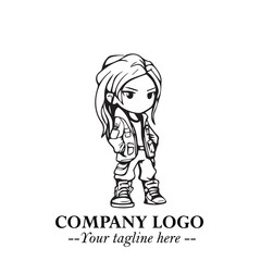 Black and White Chibi Girl Standing in Jacket, Pants, and Boots. Simple Bold Vector Illustration
