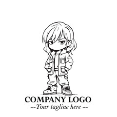 Black and White Chibi Girl Standing in Jacket, Pants, and Boots. Simple Bold Vector Illustration