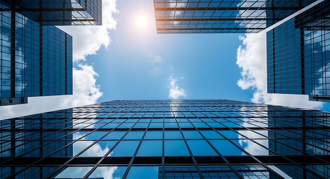 Low angle view of modern glass skyscrapers reaching towards a bright blue sky with fluffy white clouds and sun flare.