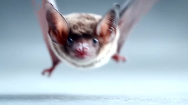 Close-up of a bat in flight with wings spread wide.