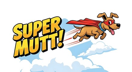 Superhero Mutt Dog Flying in Sky with Cape and Super Mutt Comic Text for National Mutt Day