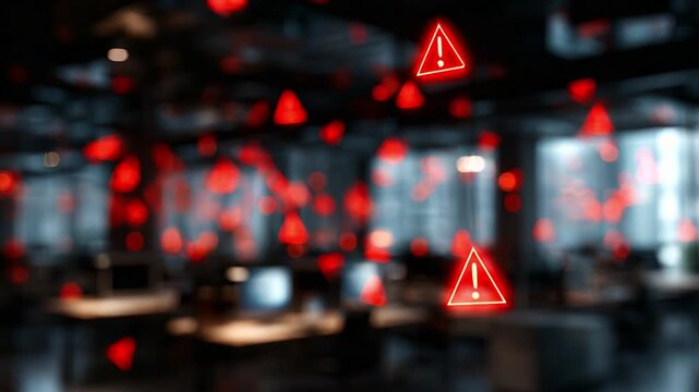 A digital visualization showcasing multiple warning signs highlighting potential hazards within a modern office environment, emphasizing safety and alertness in workplace design and operations.
