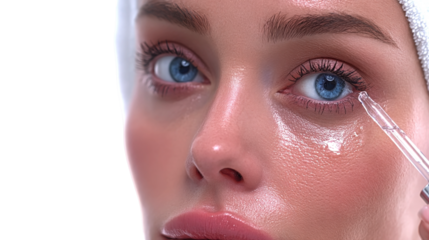 Close up of woman applying serum to her face isolated on transparent background