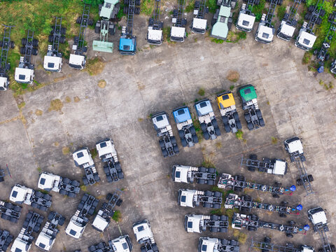 Colorful Semi Truck Cab Manufacturing Facility Aerial
