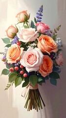 A bouquet of roses in various hues and small accents