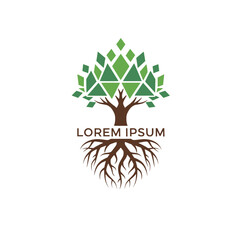 Fototapeta premium Tree of Life Logo with Geometric Leaf Design and Root System Graphic