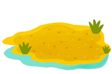 Cute pond with yellow sand and green grass. Perfect for background, nature scenes, kids illustrations, and wildlife designs.