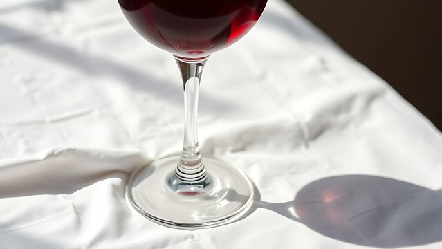 ontology. A glass of deep ruby red wine on white linen with water droplets. bar promotions, beverage menus, designed for food & beverage menus and cafe branding, used by web designers.