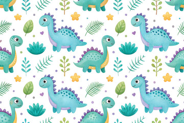 Obraz premium Watercolor pattern of cute blue dinosaurs and plants