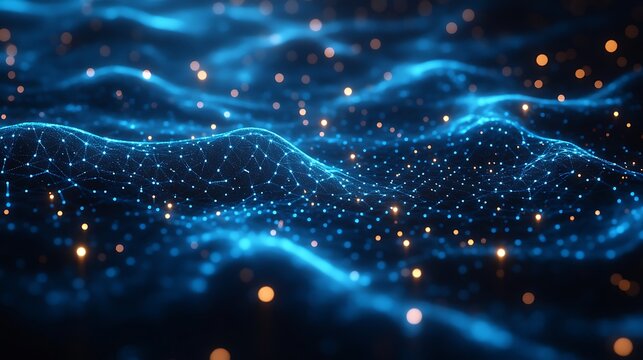 Abstract glowing blue digital waves with scattered light particles creating a futuristic network.