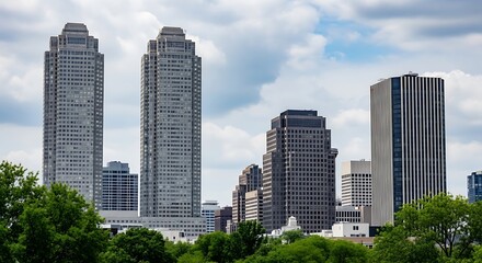 Fototapeta premium Modern Cityscape with Towering Skyscrapers and Lush Green Trees Under a Cloudy Sky.