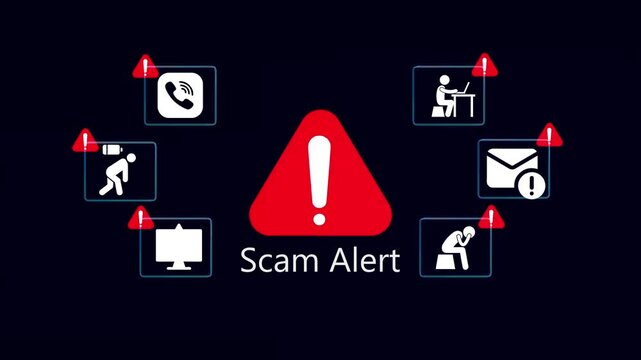 Scam Alert Warning Animation Digital warning sign with alert icons, symbolizing cybersecurity threats, online protection, data security, and scam prevention for motion graphics.