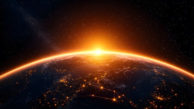 The image showcases a stunning view of Earth from space, with a bright orange sunrise illuminating the horizon and a starry sky dotted with twinkling constellations.