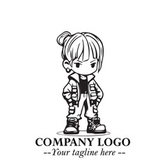 Black and White Chibi Girl Standing in Jacket, Pants, and Boots. Simple Bold Vector Illustration