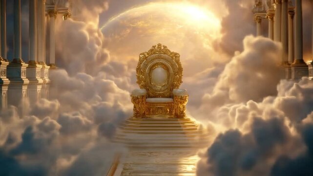 Ornate golden throne atop luminous stairs, floating through a cloudscape with pillars framing heaven