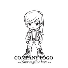 Black and White Chibi Girl Standing in Jacket, Pants, and Boots. Simple Bold Vector Illustration