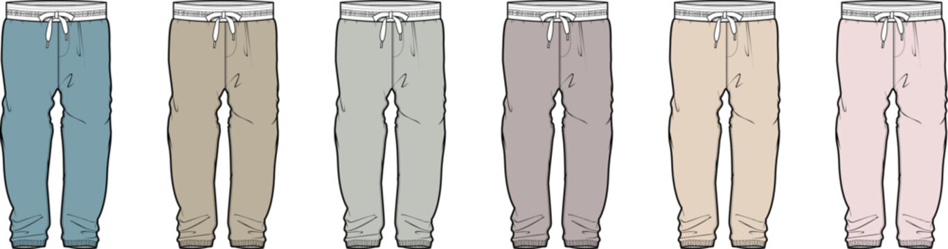 Vector illustration set of casual joggers in multiple colors. Technical fashion flat sketch of sweatpants for apparel design and clothing mockups