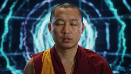 A person in religious attire meditates with closed eyes