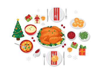 Christmas dinner scene with turkey and gifts, perfect for holiday promotions, invitations, cards, and culinarythemed designs. Festive and celebratory.