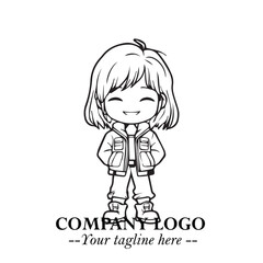 Black and White Chibi Girl Standing in Jacket, Pants, and Boots. Simple Bold Vector Illustration