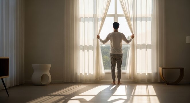 Man standing by window opening curtains in bright minimalist bedroom.