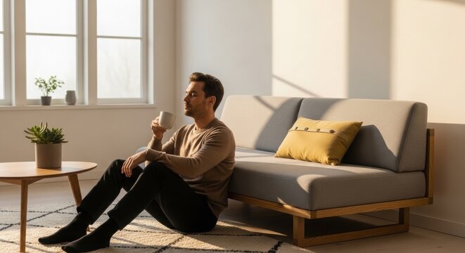Man enjoying morning coffee by the sofa in a bright minimalist living room.