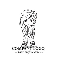 Black and White Chibi Girl Standing in Jacket, Pants, and Boots. Simple Bold Vector Illustration