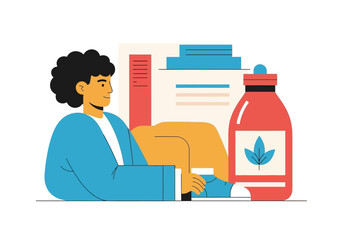 Business professional analyzing data and charts with a bottle beside them. Perfect for finance, stock market, and productivity concepts.