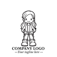 Black and White Chibi Girl Standing in Jacket, Pants, and Boots. Simple Bold Vector Illustration