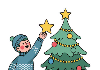 Boy decorating the christmas tree with a star on top. Suitable for holiday designs and festive celebrations in various creative projects.