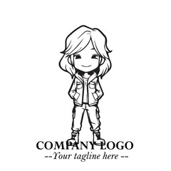 Black and White Chibi Girl Standing in Jacket, Pants, and Boots. Simple Bold Vector Illustration