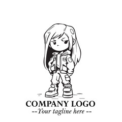 Black and White Chibi Girl Standing in Jacket, Pants, and Boots. Simple Bold Vector Illustration