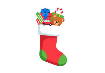 Red christmas stocking filled with holiday gifts like toy car and candy cane, perfect for festive holiday designs and christmas themes.