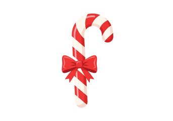 Red striped candy cane with a red bow, perfect for holiday greeting cards, christmasthemed designs, festive party invitations, and sweet advertisements.