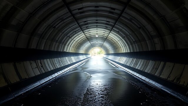 undernourishment. A concrete drainage pipe under a road, wet interior with dripping water, tunnel perspective. real-estate listings.