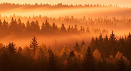 Ethereal Forest: Golden Mist Enveloping Evergreen Trees at Sunrise