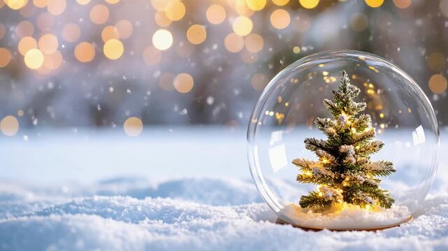 Christmas tree in glass ball on snow. Glitter lights