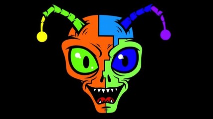 Psychedelic alien jester skull with vibrant colors pulsates on a black background, creating a dynamic and edgy vibe perfect for music visuals and edgy designs