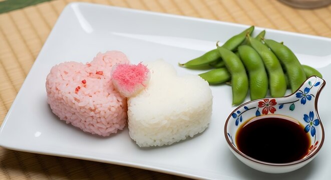 Heart Shaped Rice with Edamame and Soy Sauce stock image