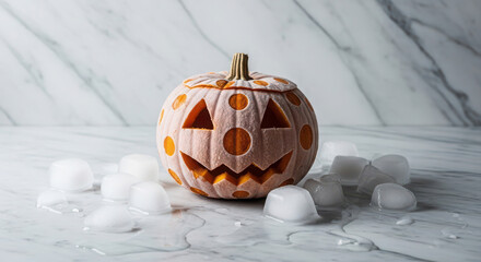Frozen jack o lantern with ice cubes on marble