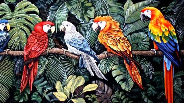 Colorful Parrots Perched on Branch Surrounded by Lush Green Foliage.