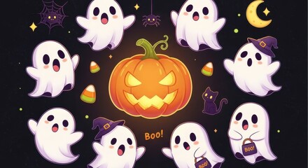 Naklejka premium Whimsical Halloween Night with Cheerful Ghosts Pumpkin and Dark Ambiance for Festive Decor