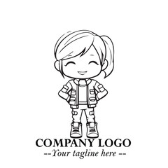 Black and White Chibi Girl Standing in Jacket, Pants, and Boots. Simple Bold Vector Illustration