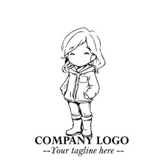 Black and White Chibi Girl Standing in Jacket, Pants, and Boots. Simple Bold Vector Illustration