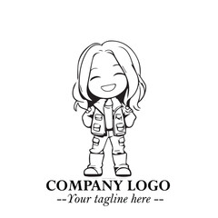 Black and White Chibi Girl Standing in Jacket, Pants, and Boots. Simple Bold Vector Illustration