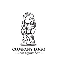 Black and White Chibi Girl Standing in Jacket, Pants, and Boots. Simple Bold Vector Illustration