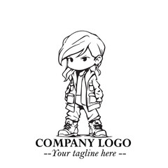 Black and White Chibi Girl Standing in Jacket, Pants, and Boots. Simple Bold Vector Illustration