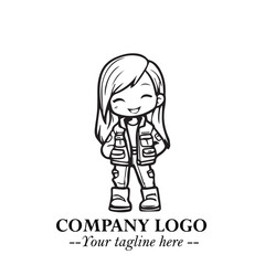Black and White Chibi Girl Standing in Jacket, Pants, and Boots. Simple Bold Vector Illustration