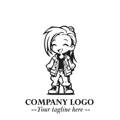 Black and White Chibi Girl Standing in Jacket, Pants, and Boots. Simple Bold Vector Illustration